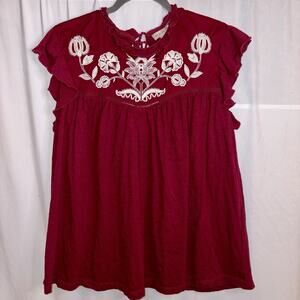 Knox Rose Boho Top Women’s Size Large Burgundy Embroidered Floral Ruffled Sleeve